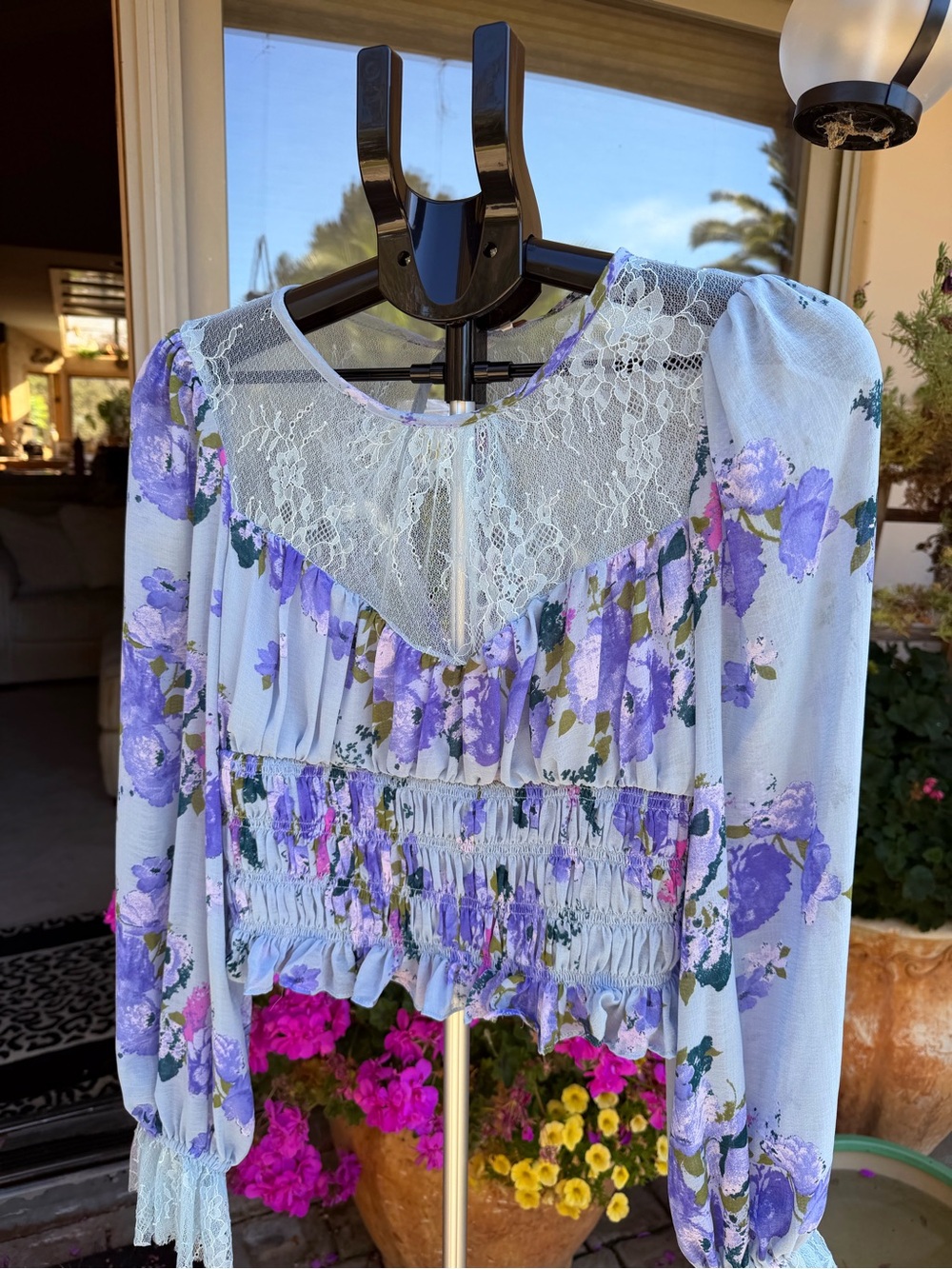 NWT Free People Lavender Floral Lace Yoke Peasant Top
